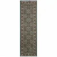 Photo of Navy Blue Green Red Ivory And Yellow Oriental Power Loom Stain Resistant Runner Rug