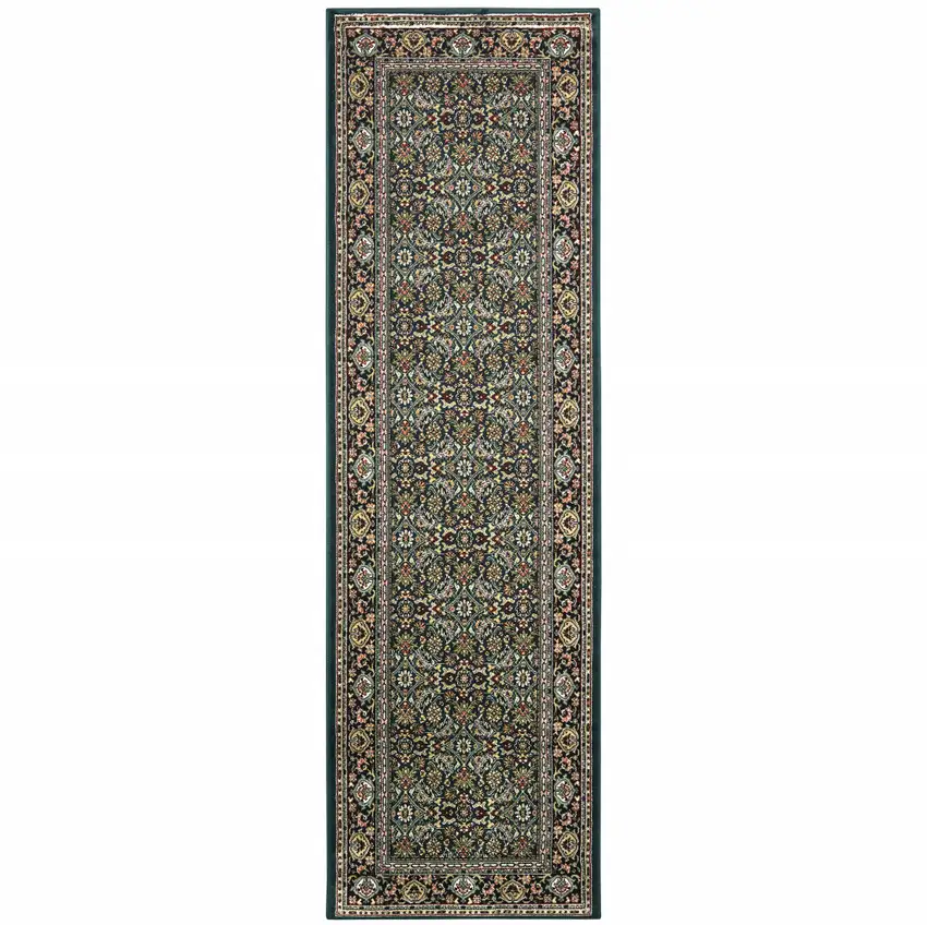 Navy Blue Green Red Ivory And Yellow Oriental Power Loom Stain Resistant Runner Rug Photo 1