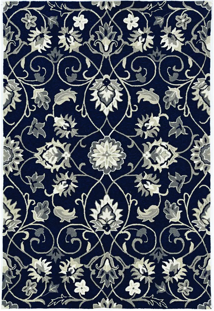 2'X3' Navy Blue Hand Hooked Uv Treated Floral Vines Indoor Outdoor Accent Rug Photo 2