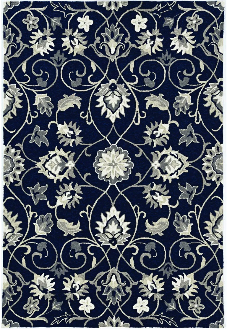 Navy Blue Hand Hooked UV Treated Floral Vines Indoor Outdoor Accent Rug Photo 4