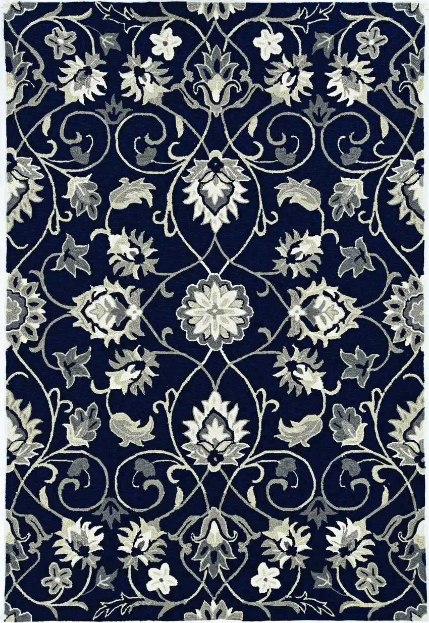 Navy Blue Hand Hooked UV Treated Floral Vines Indoor Outdoor Accent Rug Photo 2