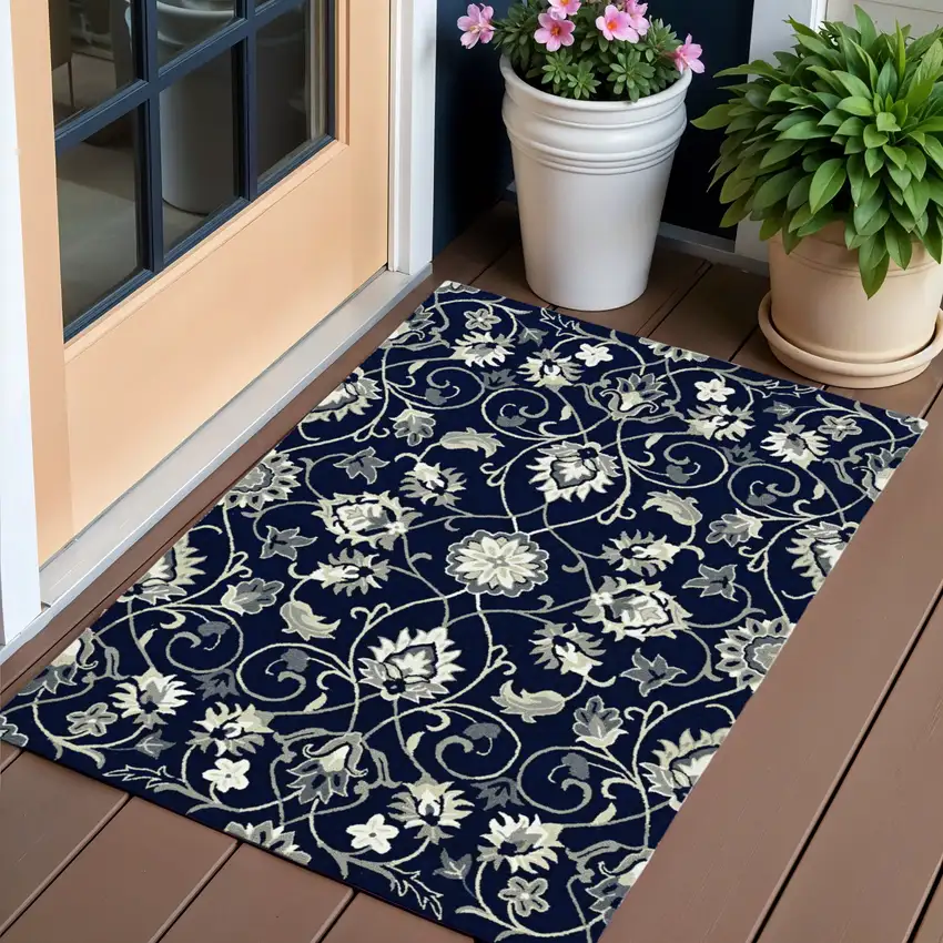 Navy Blue Floral Handmade Indoor Outdoor Area Rug Photo 1