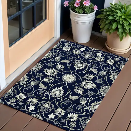 Navy Blue Floral Handmade Indoor Outdoor Area Rug Photo 1