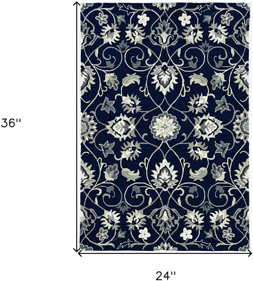 2'X3' Navy Blue Hand Hooked Uv Treated Floral Vines Indoor Outdoor Accent Rug Photo 3