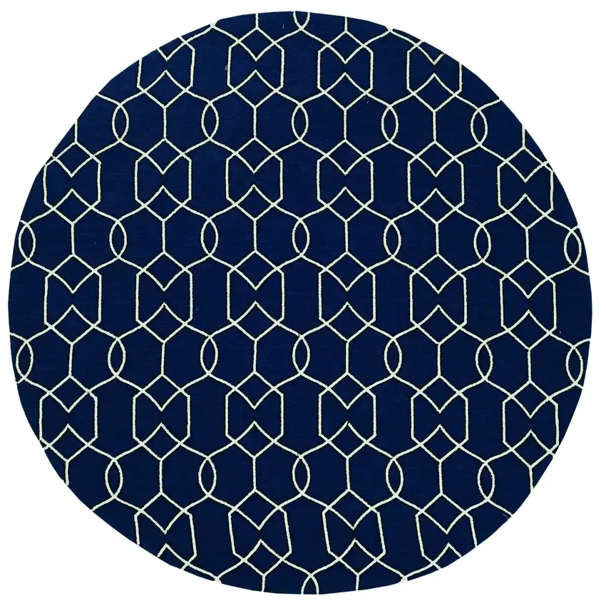 7' Navy Blue Hand Hooked Uv Treated Geometric Round Indoor Outdoor Area Rug Photo 2