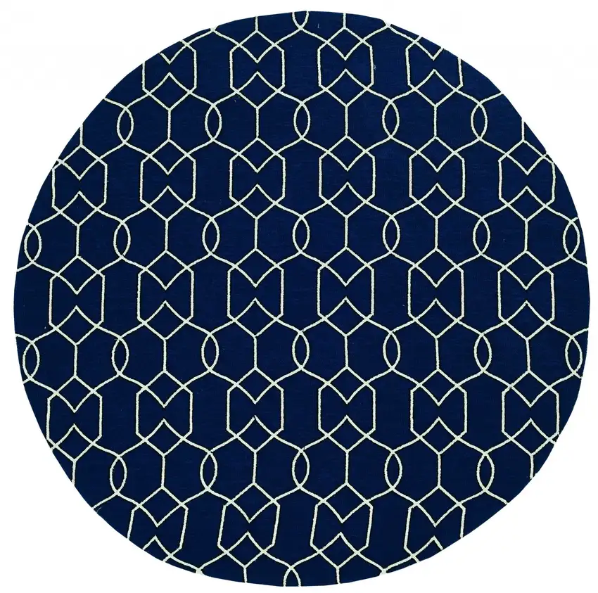 Navy Blue Hand Hooked UV Treated Geometric Round Indoor Outdoor Area Rug Photo 1