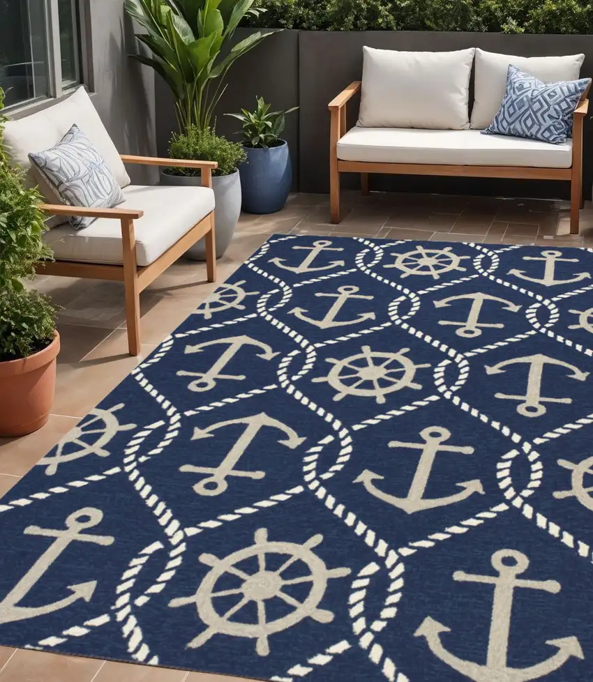 Navy Blue Abstract Handmade Indoor Outdoor Area Rug Photo 1
