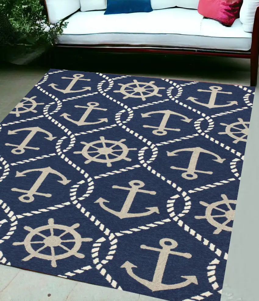 5'X8' Navy Blue Hand Hooked Uv Treated Nautical Indoor Outdoor Area Rug Photo 1