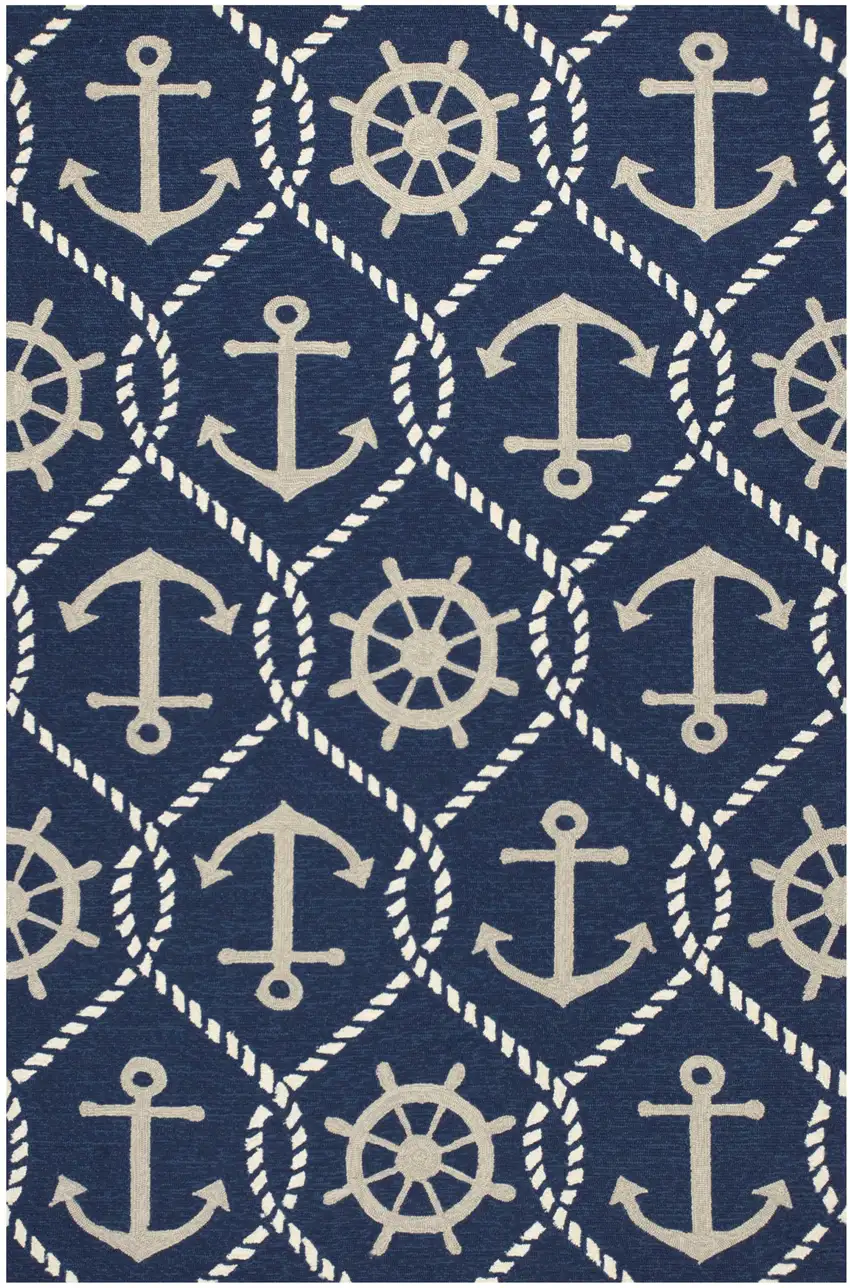 5'X8' Navy Blue Hand Hooked Uv Treated Nautical Indoor Outdoor Area Rug Photo 2