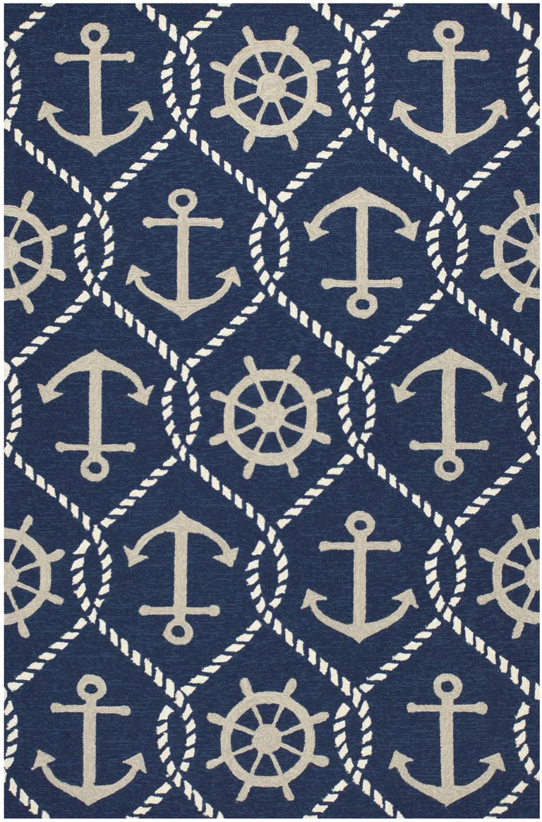Navy Blue Hand Hooked UV Treated Nautical Indoor Outdoor Area Rug Photo 5