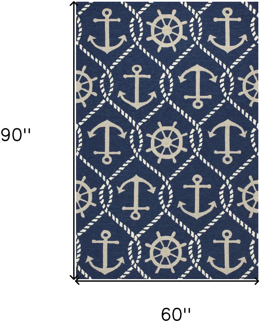 Navy Blue Hand Hooked Uv Treated Nautical Indoor Outdoor Area Rug Photo 3