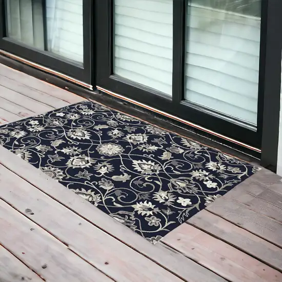 3'X5' Navy Blue Hand Hooked Uv Treated Traditional Floral Design Indoor Outdoor Rug Photo 1