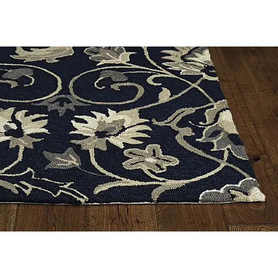Navy Blue Hand Hooked UV Treated Traditional Floral Design Indoor Outdoor Rug Photo 3