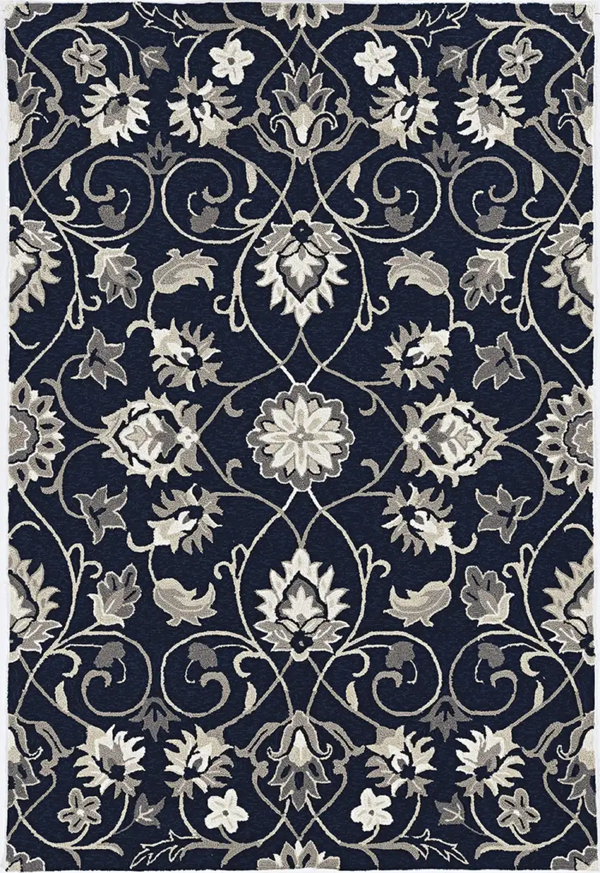 Navy Blue Hand Hooked UV Treated Traditional Floral Design Indoor Outdoor Rug Photo 2