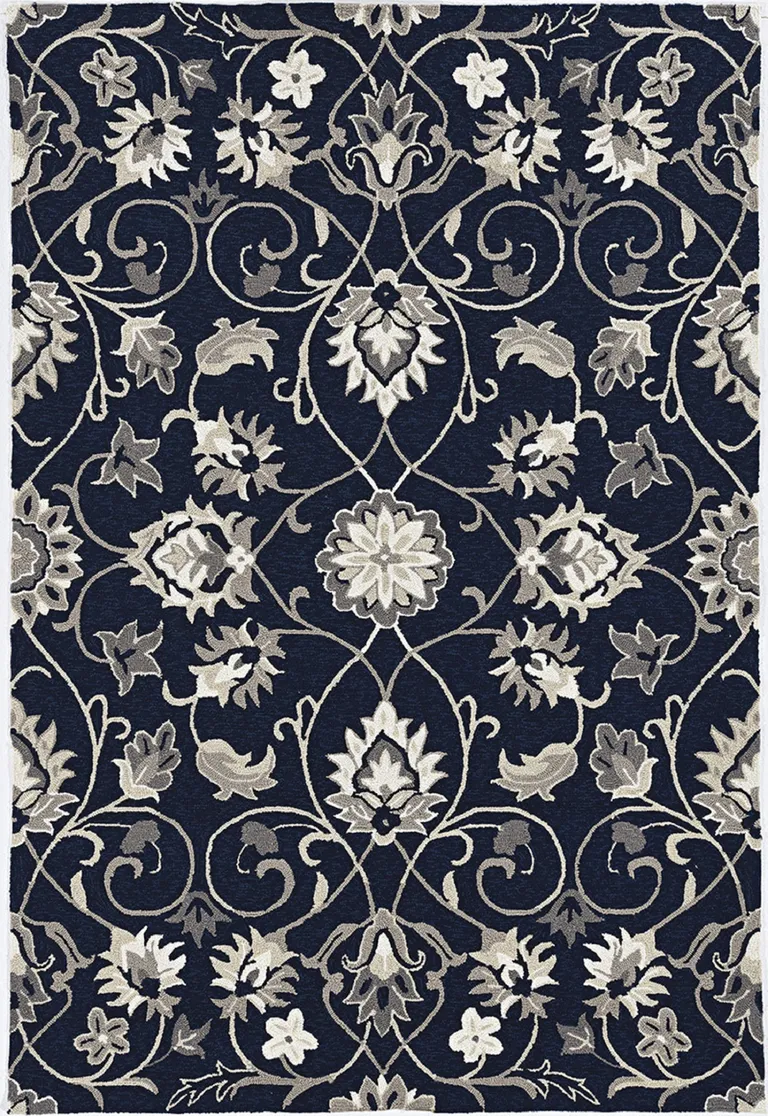 Navy Blue Hand Hooked UV Treated Traditional Floral Design Indoor Outdoor Rug Photo 2