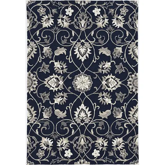 Navy Blue Hand Hooked UV Treated Traditional Floral Design Indoor Outdoor Rug Photo 2