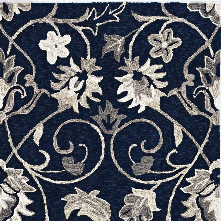 Navy Blue Hand Hooked UV Treated Traditional Floral Design Indoor Outdoor Rug Photo 1