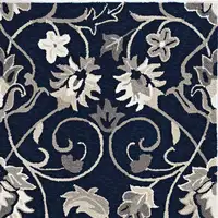 Photo of Navy Blue Hand Hooked UV Treated Traditional Floral Design Indoor Outdoor Rug