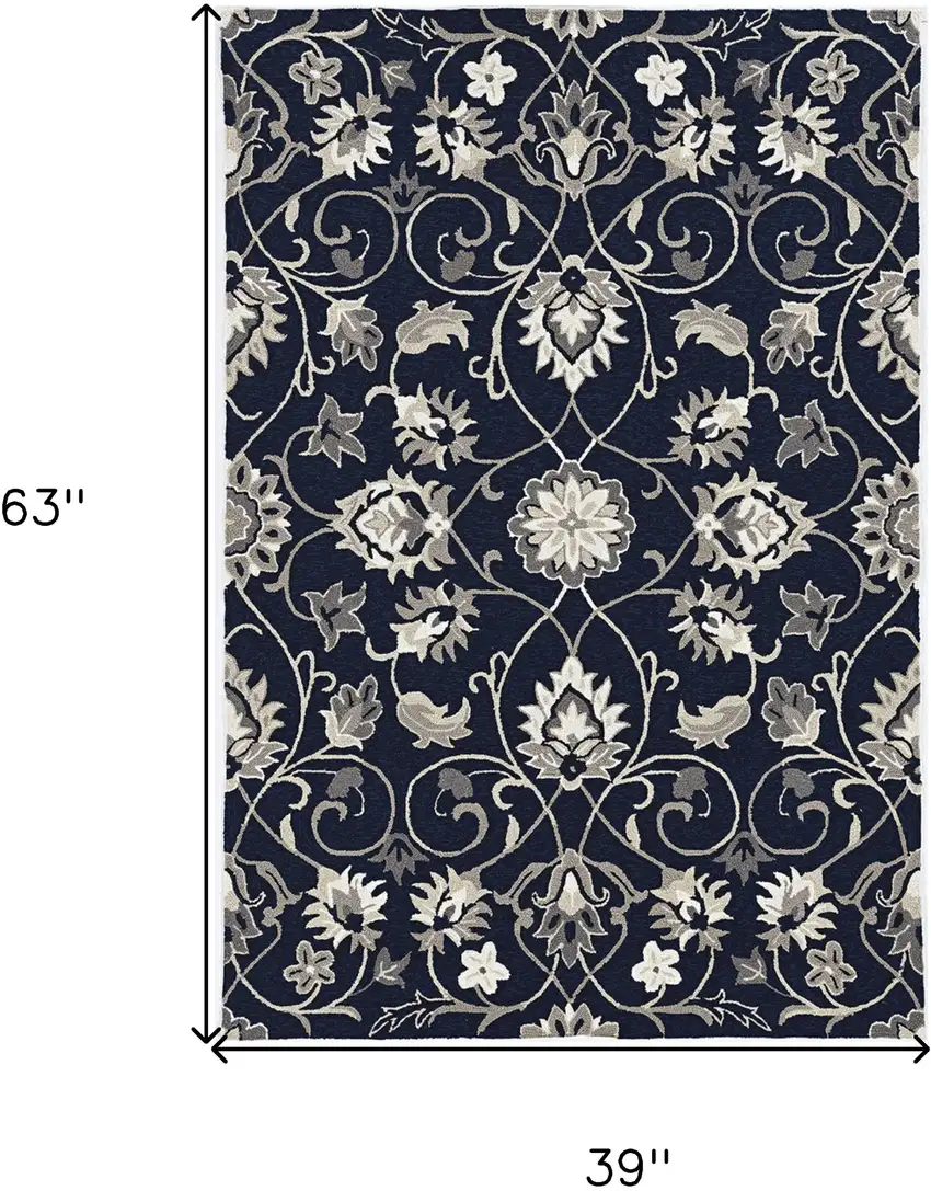 3'X5' Navy Blue Hand Hooked Uv Treated Traditional Floral Design Indoor Outdoor Rug Photo 5