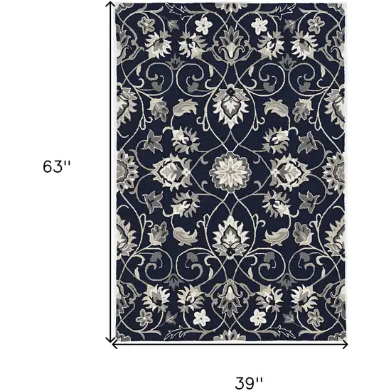 3'X5' Navy Blue Hand Hooked Uv Treated Traditional Floral Design Indoor Outdoor Rug Photo 5