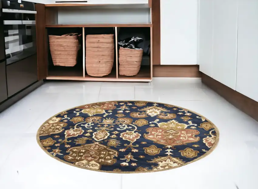 6' Navy Blue Round Wool Medallion Hand Tufted Area Rug Photo 1