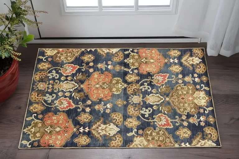 Navy Blue Hand Tufted Wool Traditional Floral Indoor Area Rug Photo 3