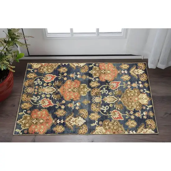 Navy Blue Orange And Brown New Zealand Lambs Wool Medallion Hand Tufted Area Rug Photo 1