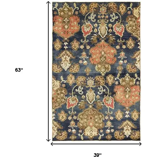 Navy Blue Orange And Brown New Zealand Lambs Wool Medallion Hand Tufted Area Rug Photo 3