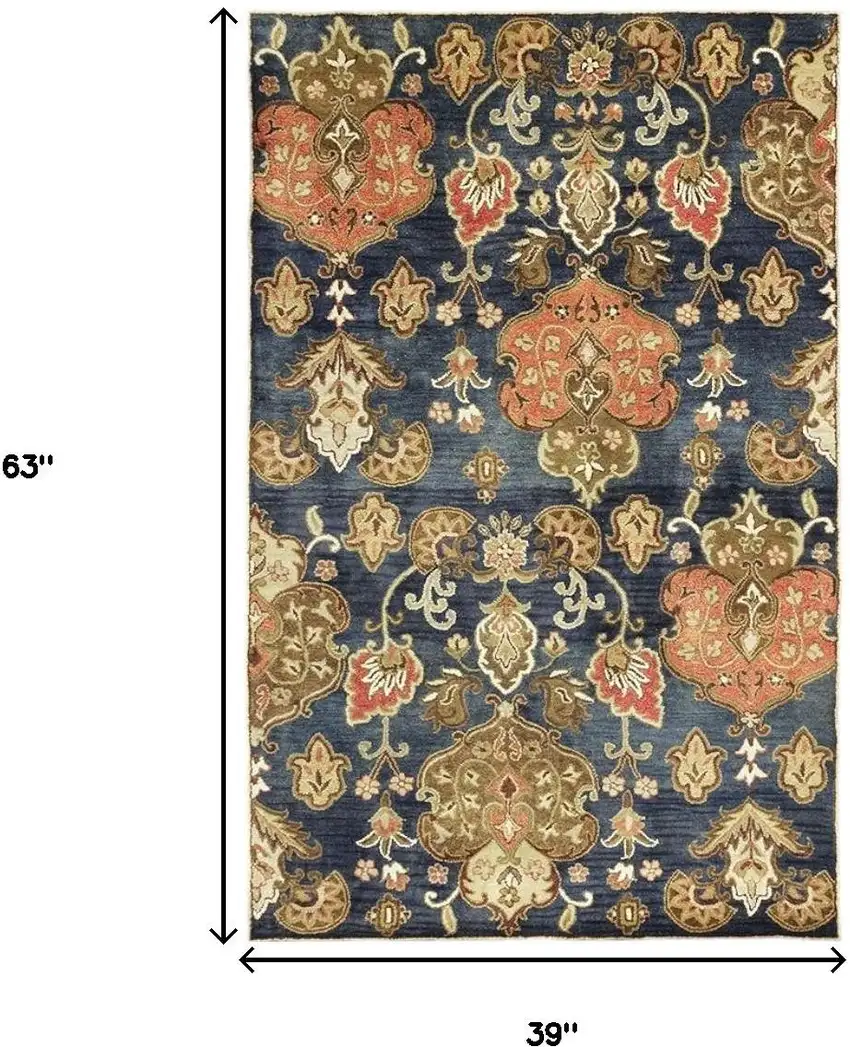 Navy Blue Orange And Brown New Zealand Lambs Wool Medallion Hand Tufted Area Rug Photo 3