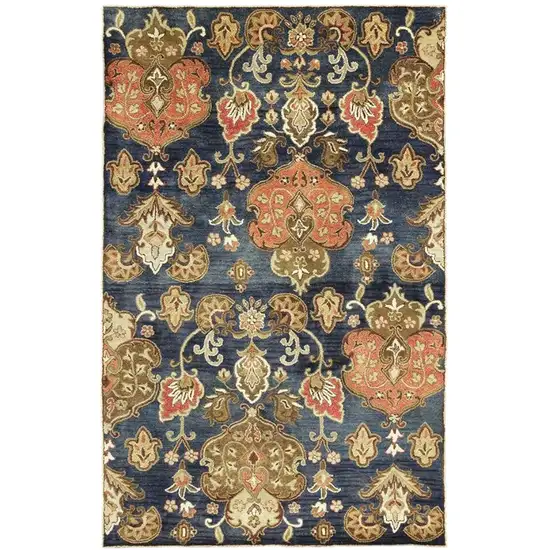 Navy Blue Orange And Brown New Zealand Lambs Wool Medallion Hand Tufted Area Rug Photo 2