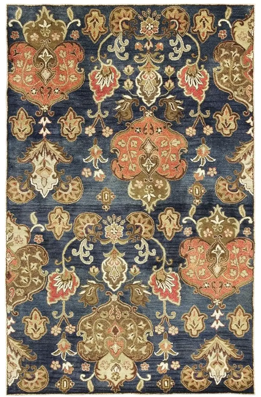 Navy Blue Orange And Brown New Zealand Lambs Wool Medallion Hand Tufted Area Rug Photo 2