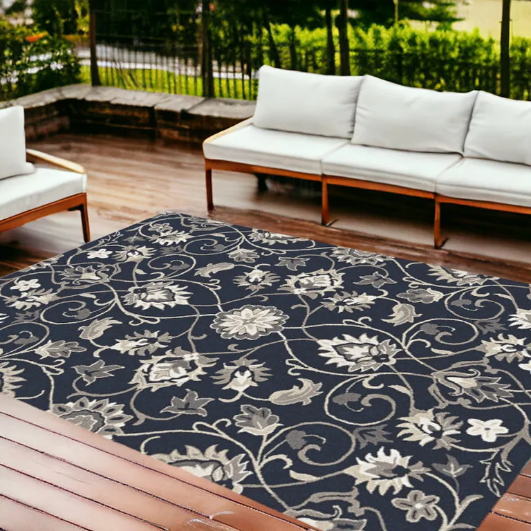 Navy Blue Hand Woven UV Treated Traditional Floral Vines Indoor Outdoor Area Rug Photo 2