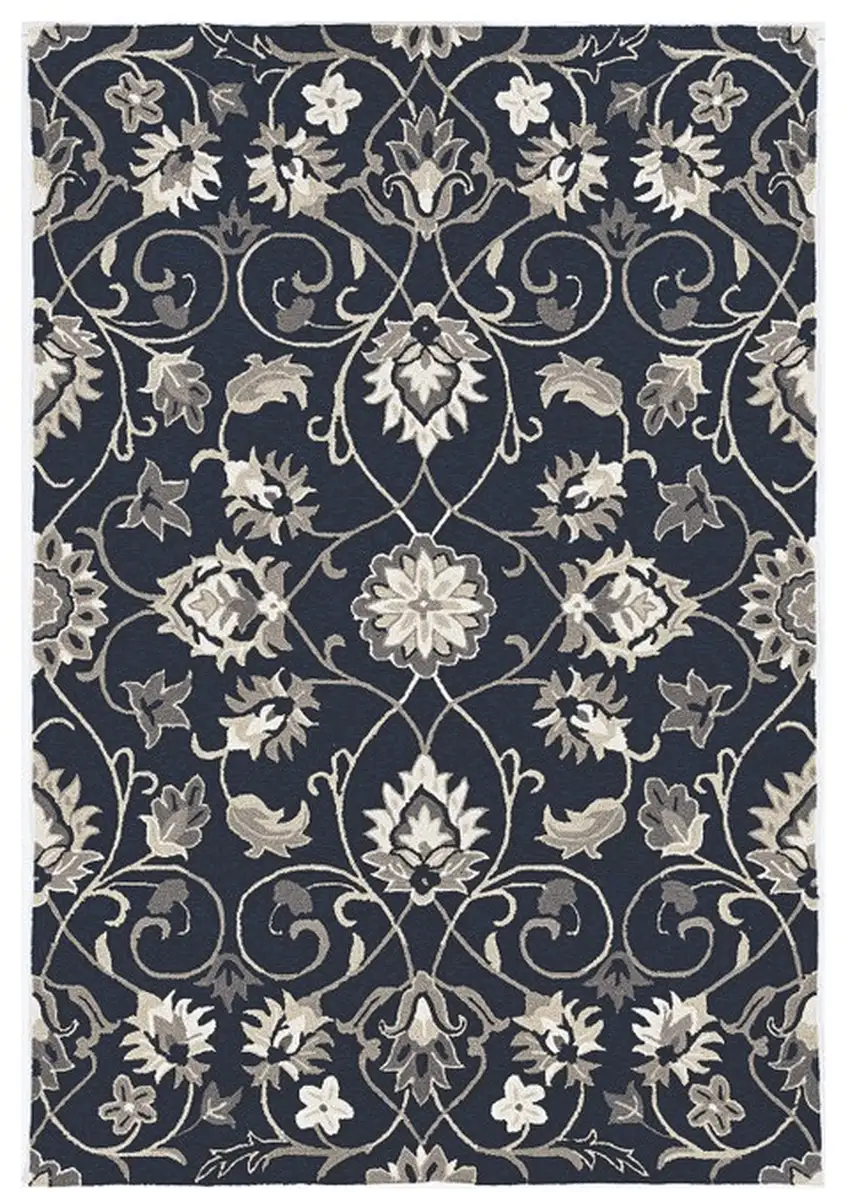 Navy Blue Hand Woven Uv Treated Traditional Floral Vines Indoor Outdoor Area Rug Photo 2