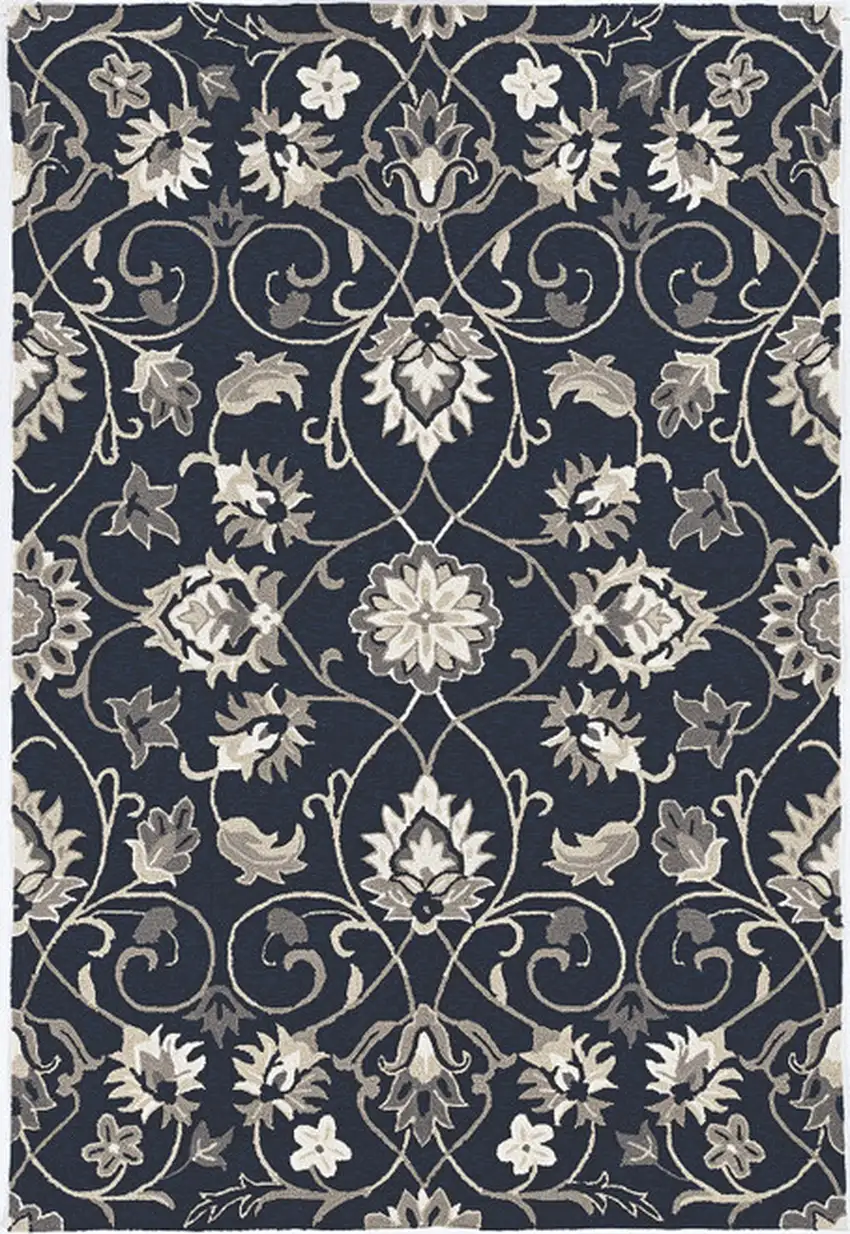 8'X10' Navy Blue Hand Woven Uv Treated Traditional Floral Vines Indoor Outdoor Area Rug Photo 2