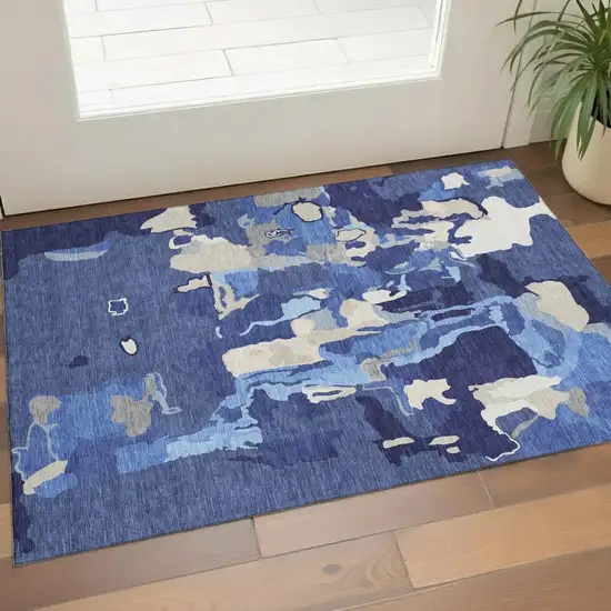 Navy Blue Ivory And Beige Abstract Washable Area Rug With UV Protection Photo 1
