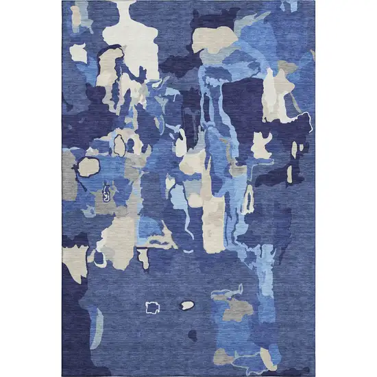 Navy Blue Ivory And Beige Abstract Washable Area Rug With UV Protection Photo 6