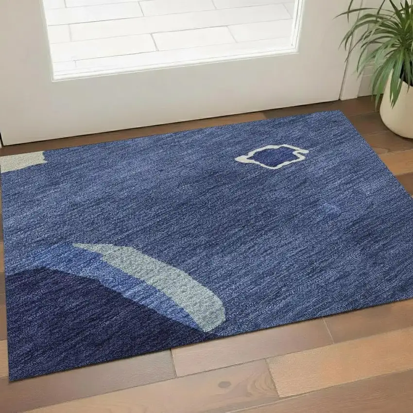 Navy Blue Ivory And Beige Abstract Washable Area Rug With UV Protection Photo 2