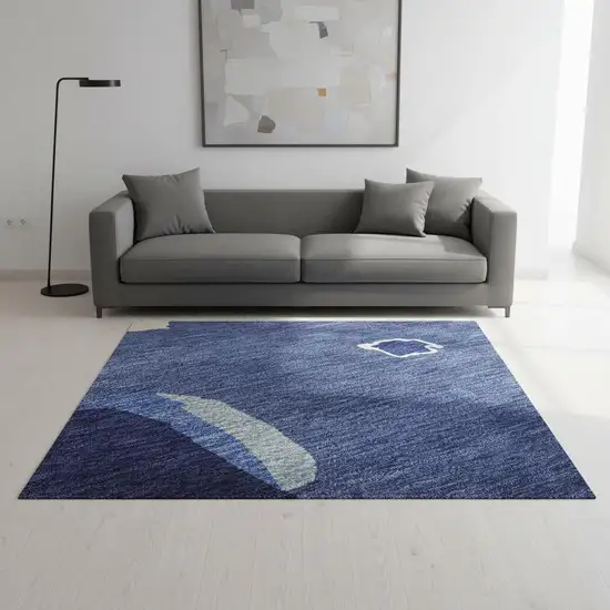 Navy Blue Ivory And Beige Abstract Washable Area Rug With UV Protection Photo 2