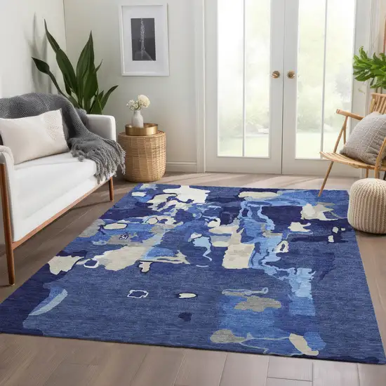 Navy Blue Ivory And Beige Abstract Washable Area Rug With UV Protection Photo 5