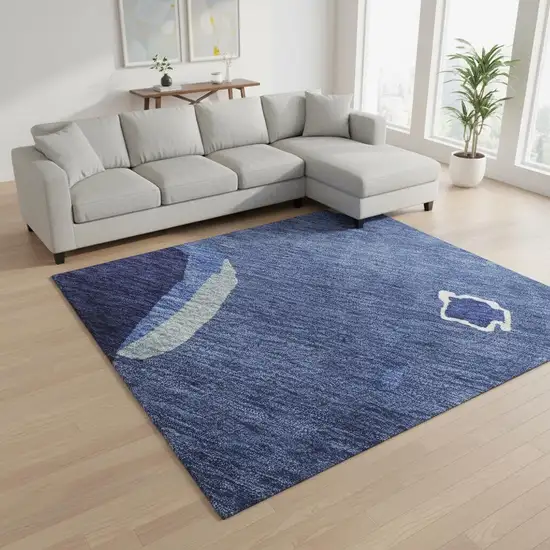 Navy Blue Ivory And Beige Abstract Washable Area Rug With UV Protection Photo 2