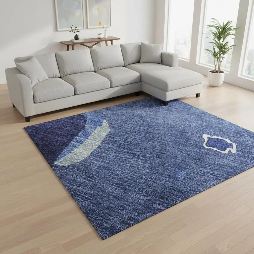 Navy Blue Ivory And Beige Abstract Washable Area Rug With UV Protection Photo 2