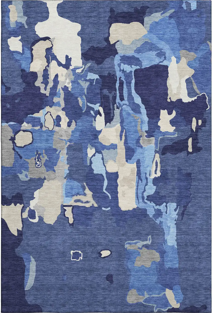 Navy Blue Ivory And Beige Abstract Washable Area Rug With UV Protection Photo 6