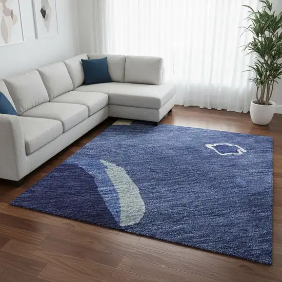 Navy Blue Ivory And Beige Abstract Washable Area Rug With UV Protection Photo 2