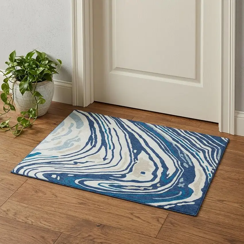 Navy Blue Ivory And Beige Abstract Washable Area Rug With UV Protection Photo 1