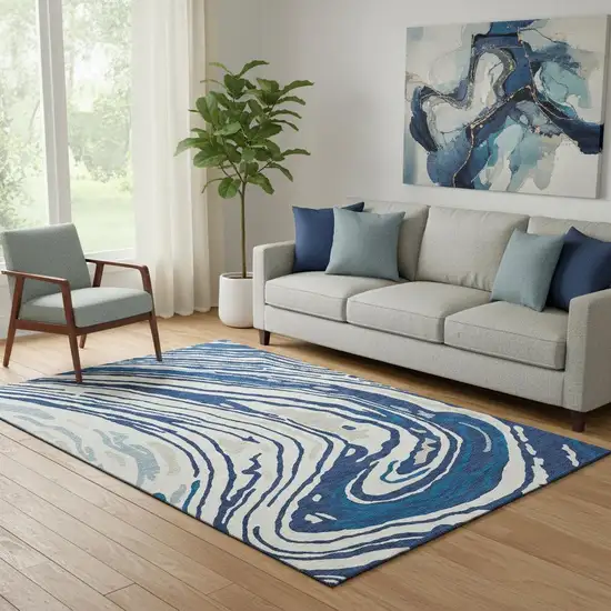Navy Blue Ivory And Beige Abstract Washable Area Rug With UV Protection Photo 2