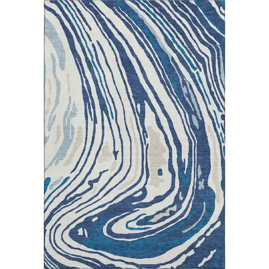 Navy Blue Ivory And Beige Abstract Washable Area Rug With UV Protection Photo 1