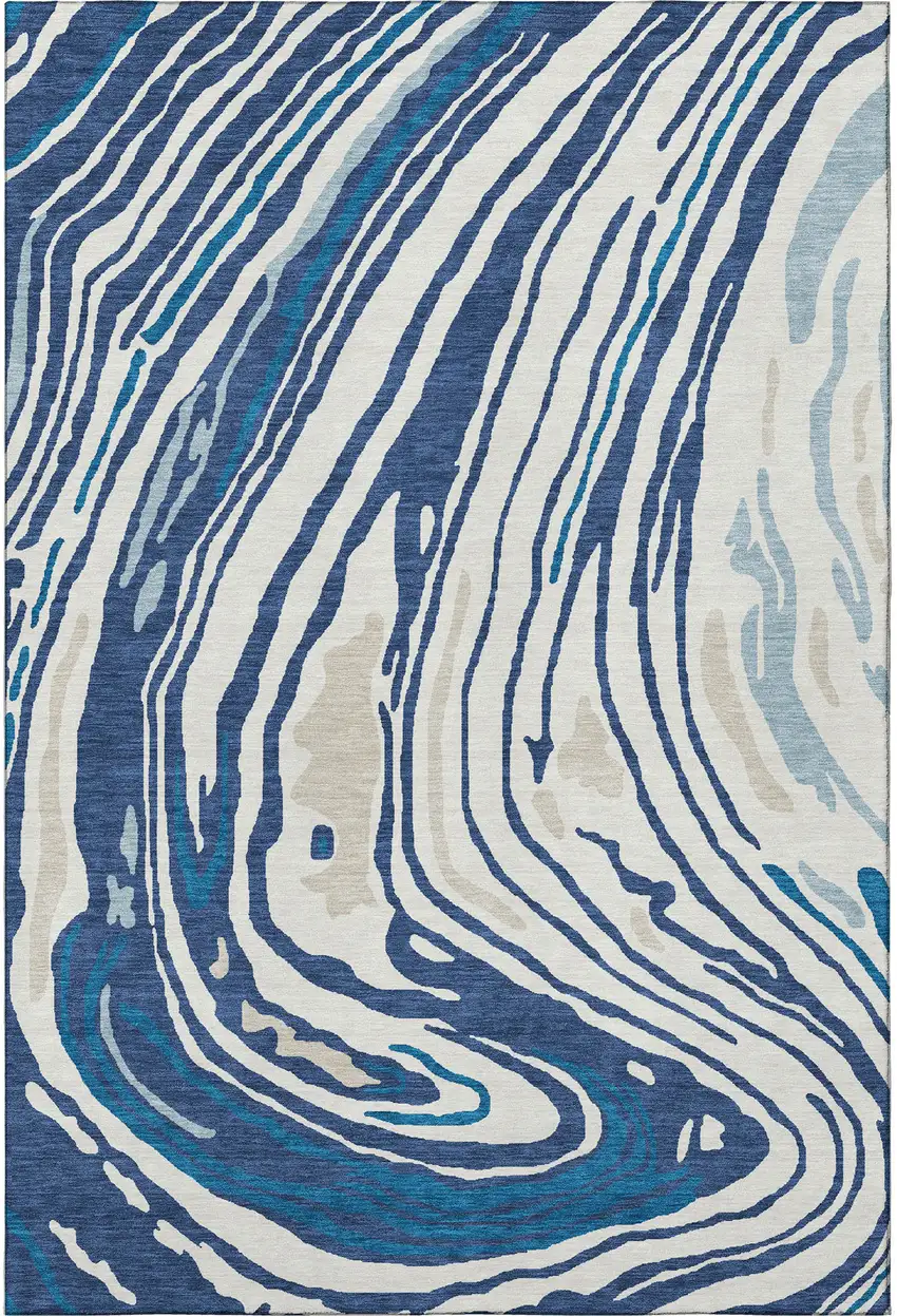 Navy Blue Ivory And Beige Abstract Washable Area Rug With UV Protection Photo 2