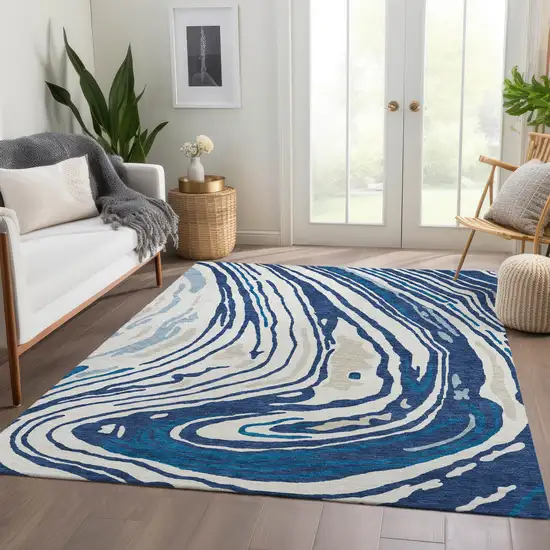 Navy Blue Ivory And Beige Abstract Washable Area Rug With UV Protection Photo 4