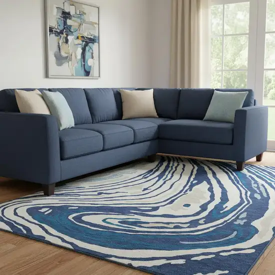 Navy Blue Ivory And Beige Abstract Washable Area Rug With UV Protection Photo 2