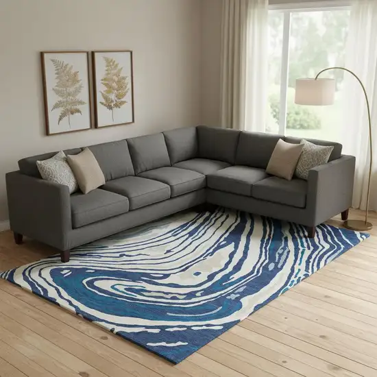 Navy Blue Ivory And Beige Abstract Washable Area Rug With UV Protection Photo 2